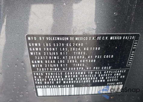 2020 Volkswagen Tiguan 2.0T Se/2.0T Se R-Line Black/2.0T Sel из США, поврежденный, VIN 3VV2B7AX5LM142418